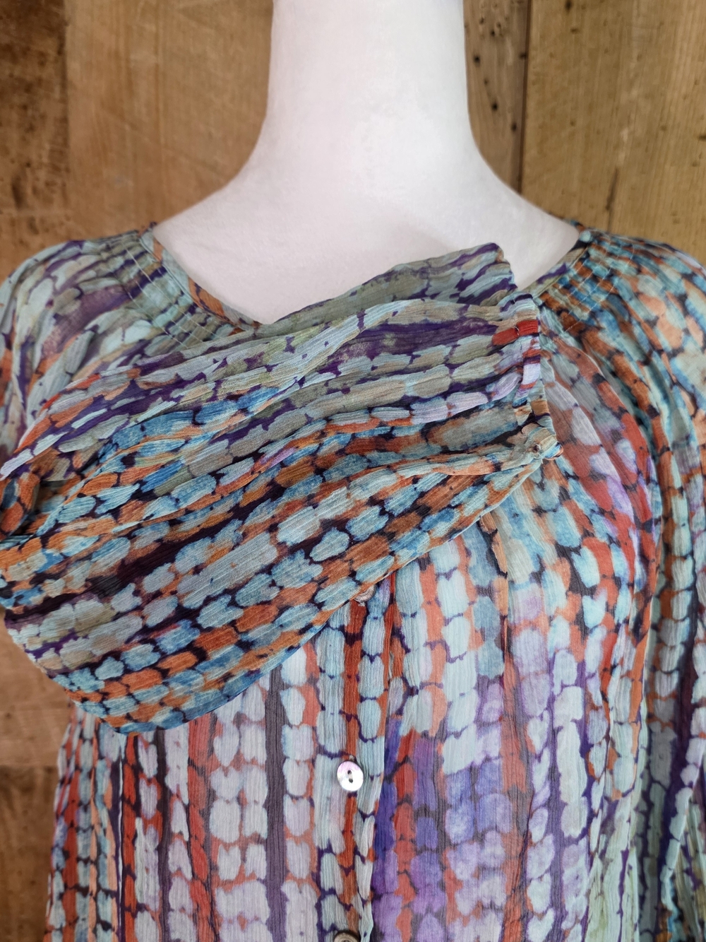 Sundance 100% Silk Watercolor Print Peasant Blouse L Boho Button Sheer - Picture 3 of 8